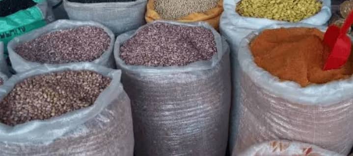 Bags of grain in a market