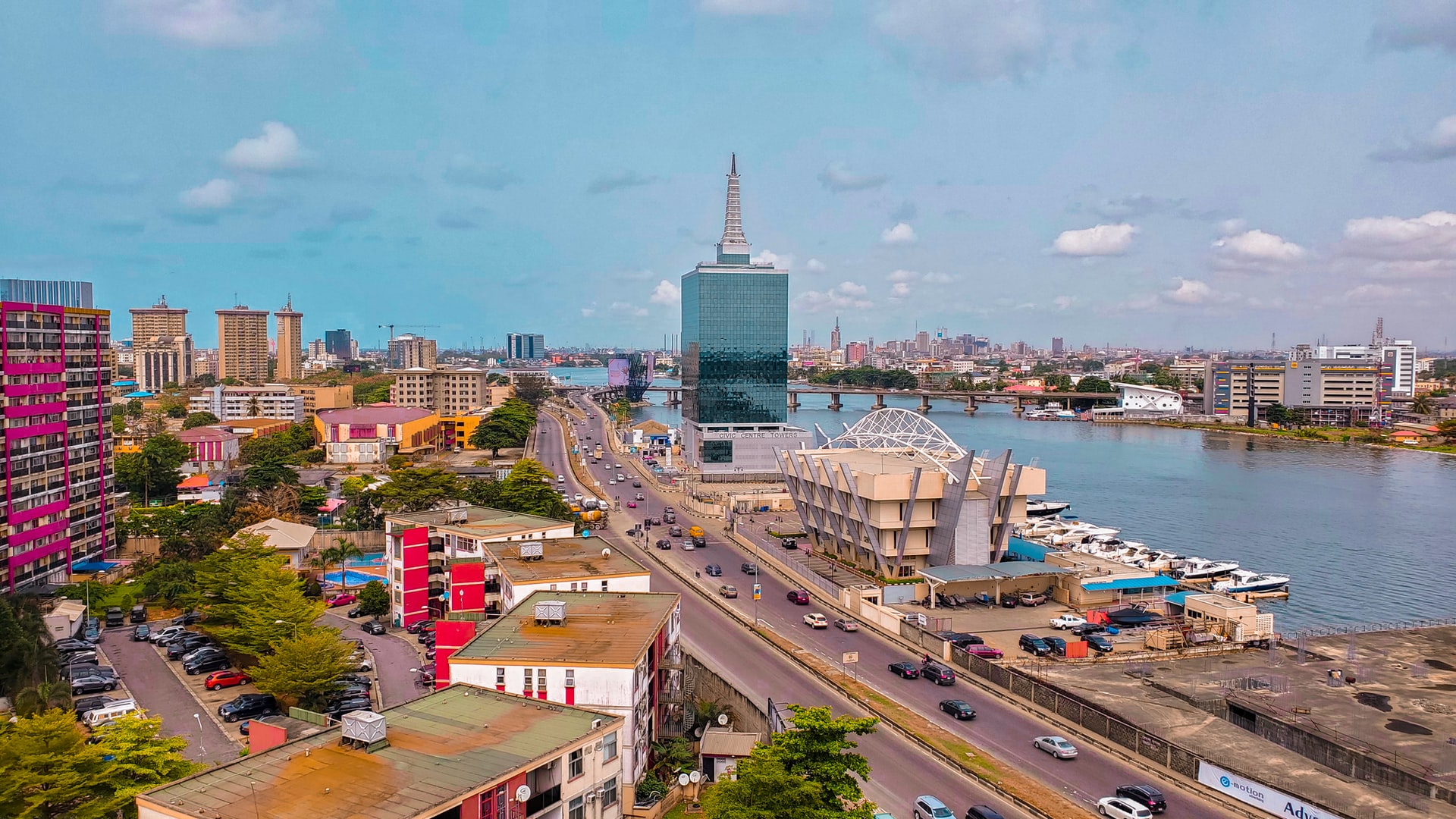 Aerial view of buildings by the lagoon in Lagos.